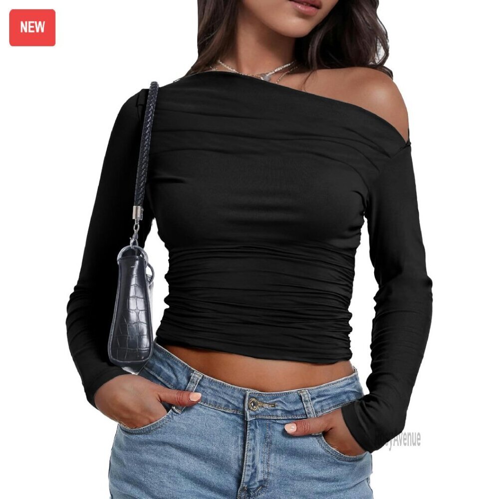 Long Sleeve Off Shoulder Crop Top Y2K Ruched Waist Stretchy Ribbed